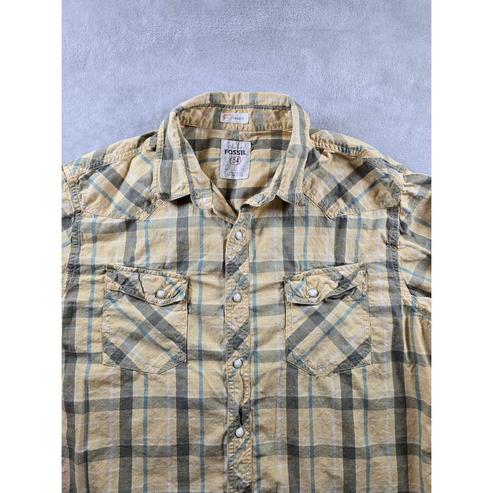 Fossil‎ 54 Shirt Mens Large Vintage Fit Snap Western Plaid Button Down